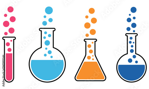 Laboratory Equipment Illustration Featuring Bubbling Colorful Chemicals in Beakers and Flasks, Chemistry Experiment, Science Glassware, Lab Tools, and Chemical Reactions Vector Design for Education