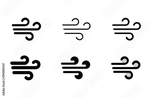 Diverse set of black wind icons illustrating air movement and dynamic flow, perfect for weather applications, climate reports, and various graphic design projects