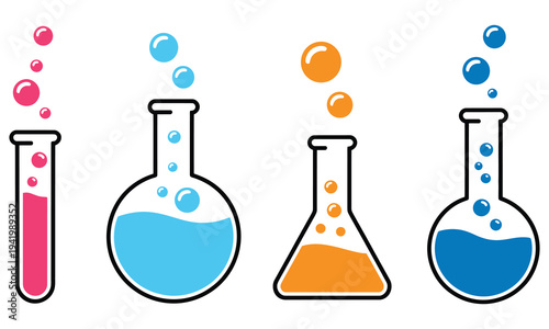 Laboratory Equipment Illustration Featuring Bubbling Colorful Chemicals in Beakers and Flasks, Chemistry Experiment, Science Glassware, Lab Tools, and Chemical Reactions Vector Design for Education