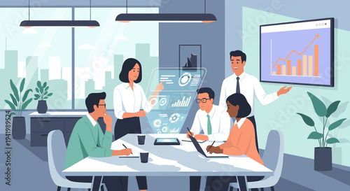 Business professionals collaborating in a modern office meeting room with data visualization and holographic technology.