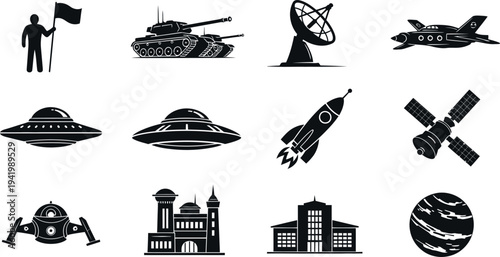Collection of iconic military space and architectural symbols in black and white
