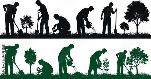 Silhouette illustrations of people engaged in gardening activities