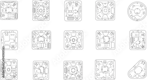 Hot Tub and Spa Top View Set, Jacuzzi and Whirlpool Bath Layouts, Architectural Element, Blueprint, Vector, Illustration