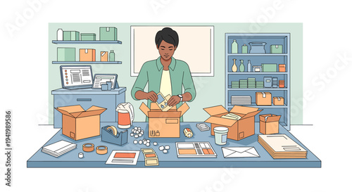 A man diligently packing products into cardboard boxes for shipping in a home office or small business setting.
