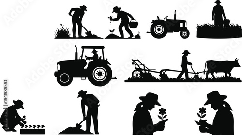 Farmer agriculture silhouettes set, farming tractor planting harvesting rural worker activity isolated black vector illustration