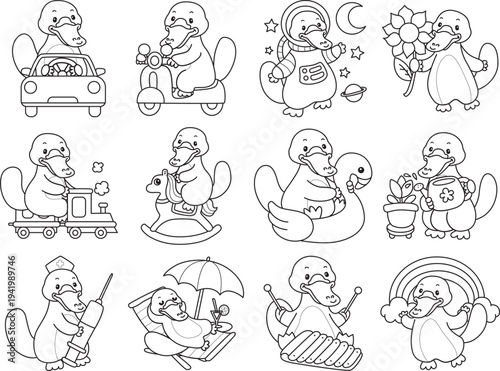 Coloring pages of Cute set of platypus sticker with activity. Outline of platypus 