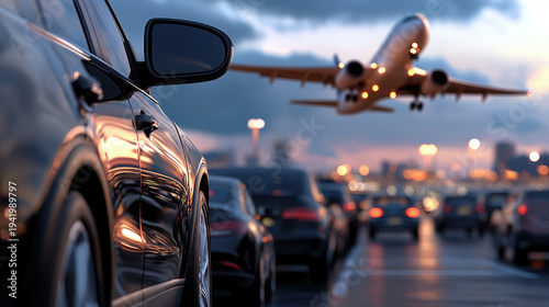 Modern luxury car driving on an illuminated city road with an airplane descending in the evening sky, symbolizing global travel, urban development, and efficient logistics