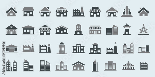 Collection of various building icons in different architectural styles displayed in a grid