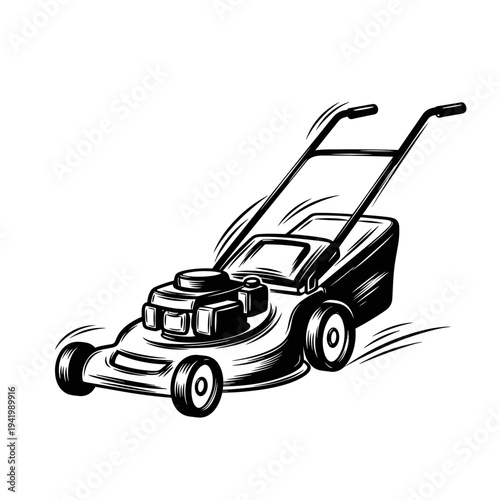 Lawn mower in motion with detailed design and black outline  