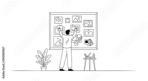 Vector illustration of a man holding a picture in front of a large framed collage