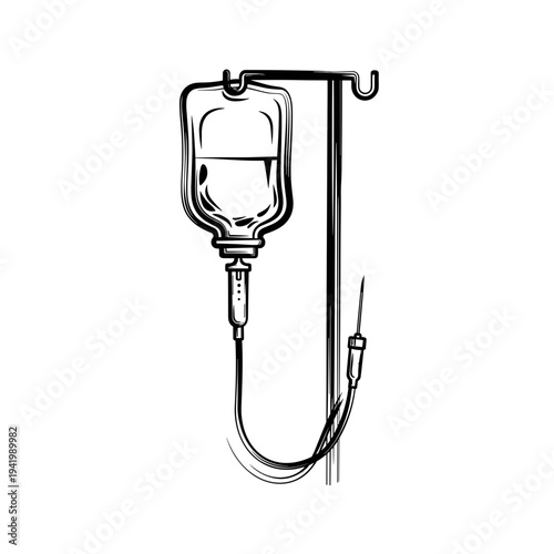 Medical IV drip hanging from a pole in a clinical setting  