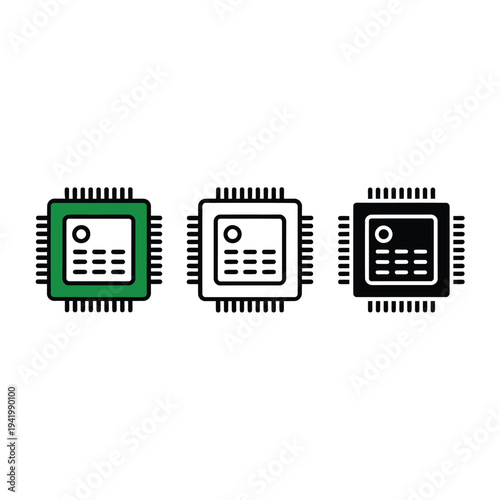 Three microchips with internal circuitry depicted in varying colors and outlines