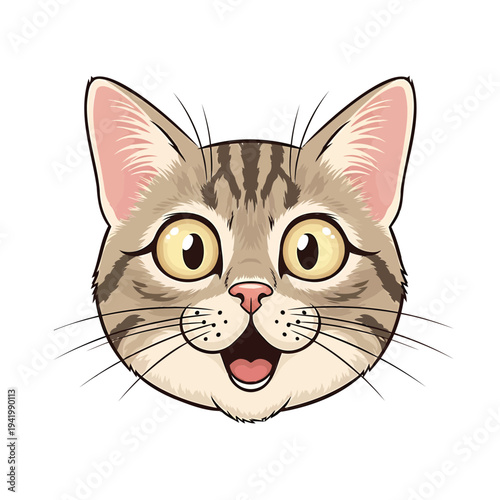 Surprised cartoon cat face with wide eyes and open mouth, illustration, front view, vibrant expression