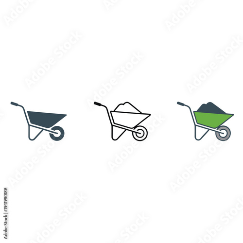 Three variations of a wheelbarrow icon shown in different styles and colors