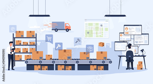 Logistics and supply chain management in a modern warehouse with workers, conveyor belts, and delivery operations.