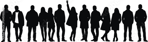 People crowd silhouettes collection, diverse men and women standing group social gathering isolated black vector illustration