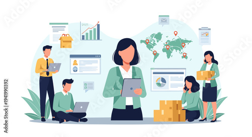 Diverse team of professionals collaborating on a global business strategy with data visualization and logistics.