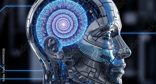 Futuristic Human Robot Head with Digital Circuitry.