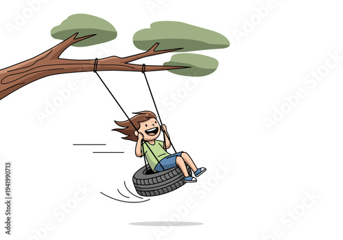 Girl swinging on tire swing under tree illustration