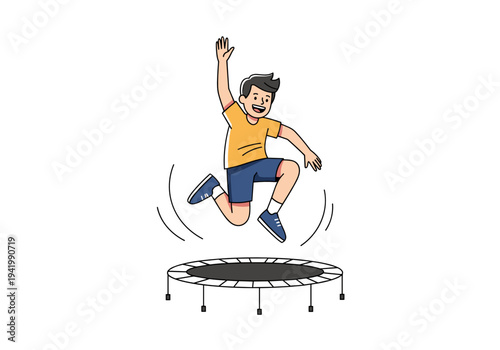 Boy jumping on trampoline against light background illustration