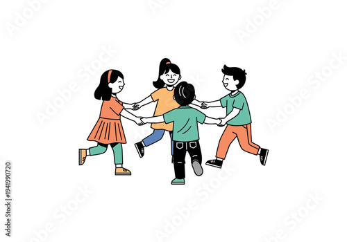 Children dancing in circle holding hands on light background illustration
