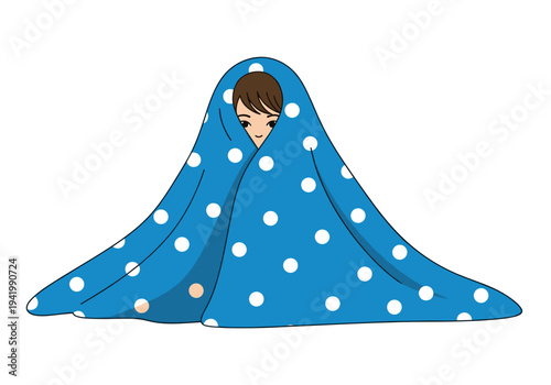 Boy hiding under blanket with polka dots illustration