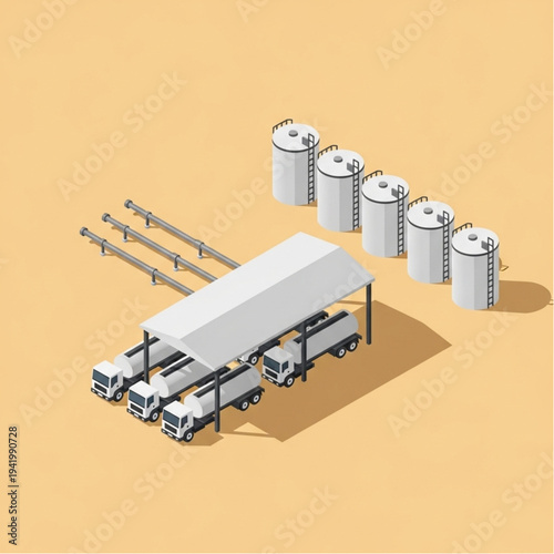 Industrial facility with trucks and storage tanks.