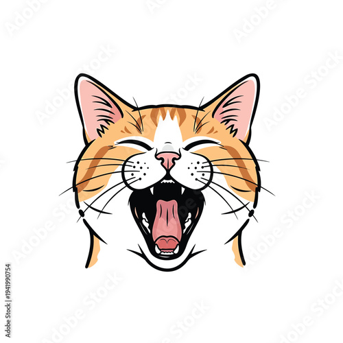 A cartoon cat's face displaying a joyful expression with eyes closed and mouth open wide