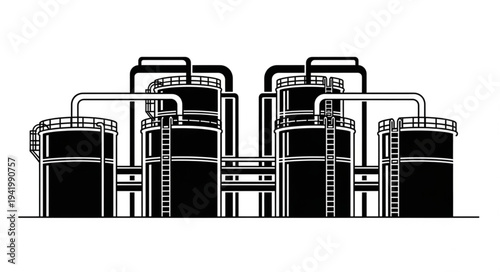 Industrial factory tanks and pipes illustration.