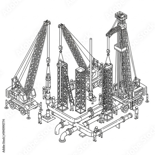 Detailed technical drawing of an oil rig with cranes and equipment.