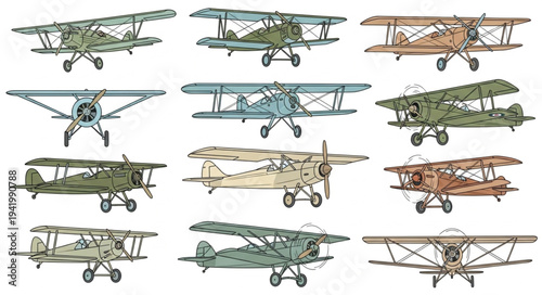 Vintage Biplanes - A Collection of Classic Aviation Illustrations.
