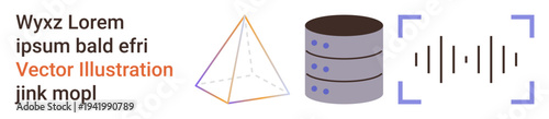 Data analysis, audio technology, geometric visualization, data storage, sound design, digital tools. Pyramid shape, database icon and sound waves inside brackets. Data storage and audio technology
