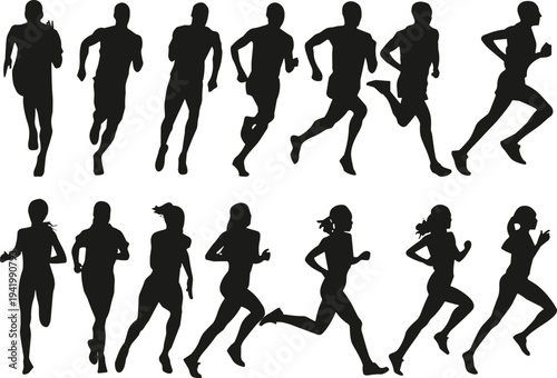 Running athlete silhouettes collection, male and female runners sprinting jogging fitness training poses isolated black vector illustration