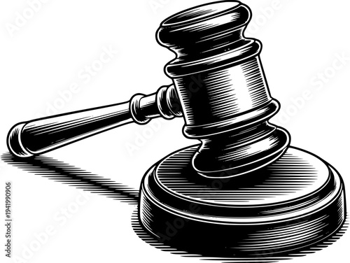 Black and white gavel a white background with engraved detail and shadow judge justice