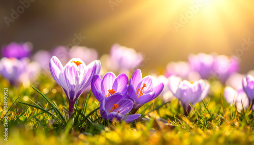 Krokusse im Frühlingsgras bei warmem Sonnenlicht