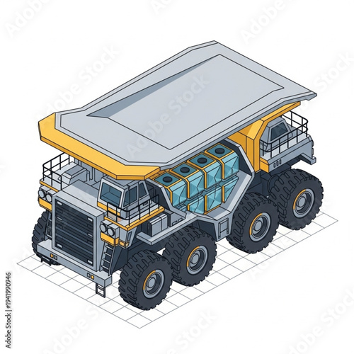 3D rendering of a large mining dump truck with visible internal components.