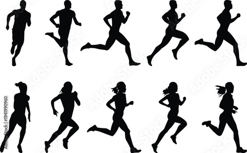Running athlete silhouettes set, male and female runners jogging sprint fitness training poses isolated black vector illustration