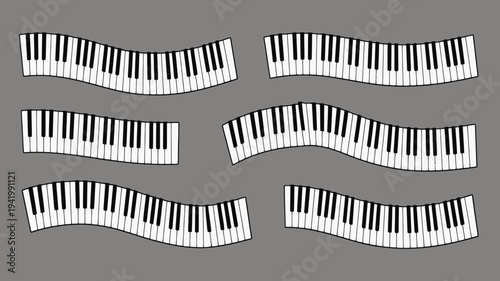 A digital illustration of multiple piano keyboards arranged in a curved layout on a grey background from a direct viewpoint