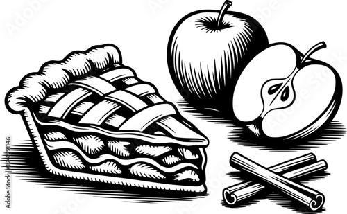 Black and white woodcut of a slice of apple pie with apples and cinnamon sticks food