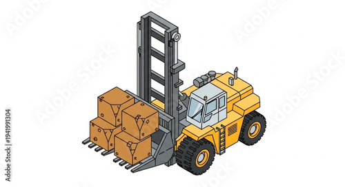 Yellow Forklift Truck Lifting Stacked Boxes in Warehouse.