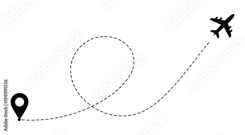 Aircraft route dotted lines, dotted flight tracks showing  routes, scalable vector graphic for airline marketing, tourism maps, and adventure