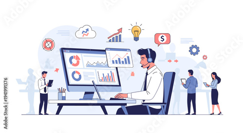 Business analytics and data visualization with a team collaborating around a computer screen displaying charts and graphs.