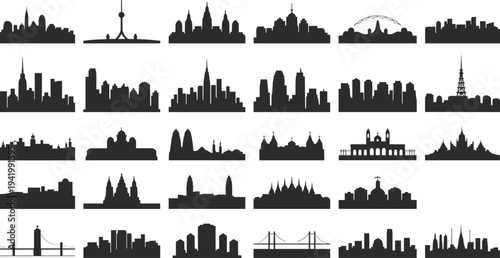 World city skyline silhouettes collection, famous landmarks architecture cityscape set isolated black vector illustration