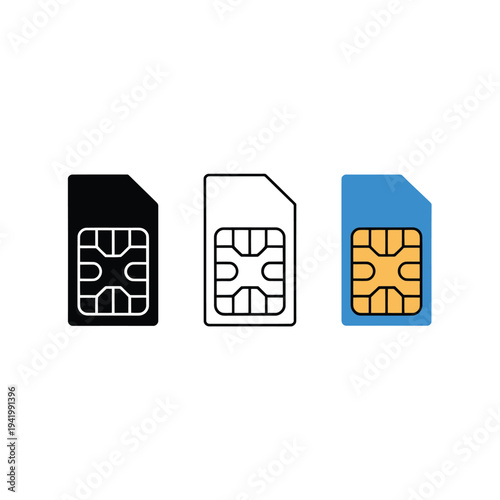 Three sim card icons black white outline and blue with gold detail