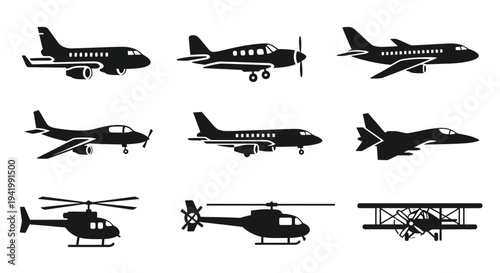 Variety of aircraft designs shown in a black graphic silhouette