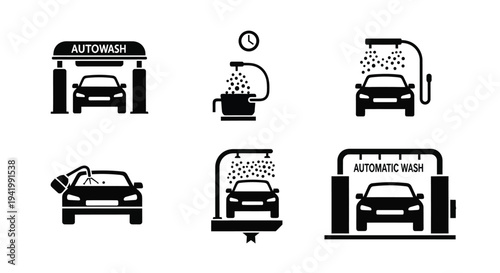 Automated car wash icons depicting various stages black silhouette