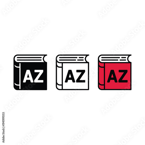 Three closed books with az initials each in a different color scheme