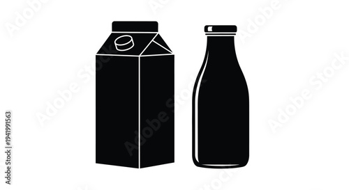 Two beverage containers a carton and bottle in black silhouette