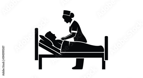 Nurse tending to patient in hospital bed simple graphic silhouette