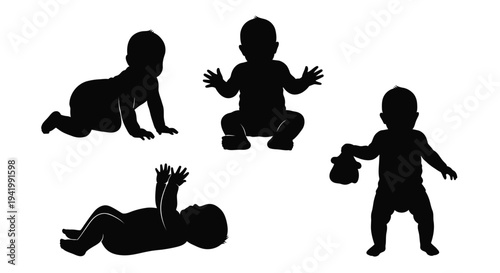 Four baby silhouettes in various poses portraying childhood innocence silhouette